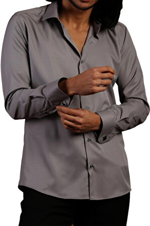 Koyu Gri Dar Kesim Micro Kumaş Kol Düğmeli Slim Fit Erkek Gömlek - 201-7