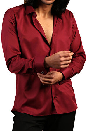 Bordo Dar Kesim Micro Kumaş Kol Düğmeli Slim Fit Erkek Gömlek - 201-13