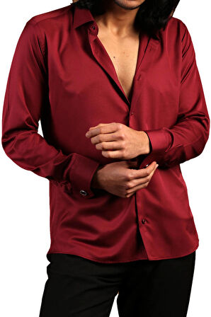 Bordo Dar Kesim Micro Kumaş Kol Düğmeli Slim Fit Erkek Gömlek - 201-13