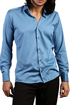 Turkuaz Mavi Dar Kesim Micro Kumaş Kol Düğmeli Slim Fit Erkek Gömlek - 201-18