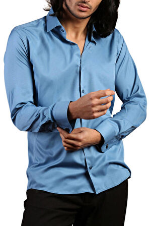 Turkuaz Mavi Dar Kesim Micro Kumaş Kol Düğmeli Slim Fit Erkek Gömlek - 201-18