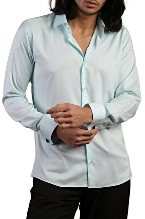 Su Yeşili Mint Dar Kesim Micro Kumaş Kol Düğmeli Slim Fit Erkek Gömlek - 201-22