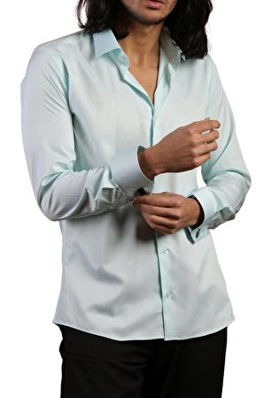 Su Yeşili Mint Dar Kesim Micro Kumaş Kol Düğmeli Slim Fit Erkek Gömlek - 201-22