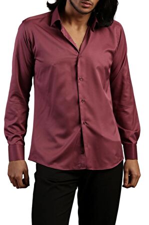 Mürdüm Dar Kesim Micro Kumaş Kol Düğmeli Slim Fit Erkek Gömlek - 201-23