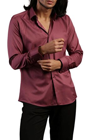 Mürdüm Dar Kesim Micro Kumaş Kol Düğmeli Slim Fit Erkek Gömlek - 201-23