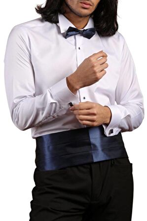 Beyaz Lacivert Taş Düğmeli Damatlık Ata Yaka Kol Düğmeli Slim Fit Smokin Gömlek - 008