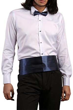 Beyaz Lacivert Taş Düğmeli Damatlık Ata Yaka Kol Düğmeli Slim Fit Smokin Gömlek - 008