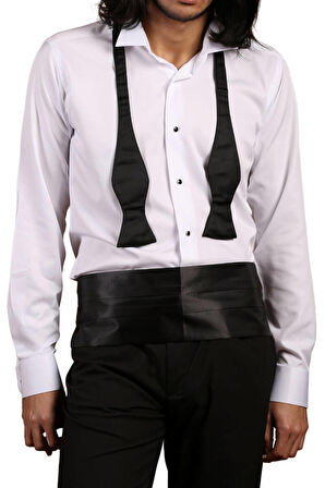 Beyaz Ekstra Uzun Kol 8 Drop Damatlık Ata Yaka Kol Düğmeli Slim Fit Smokin Gömlek - 013