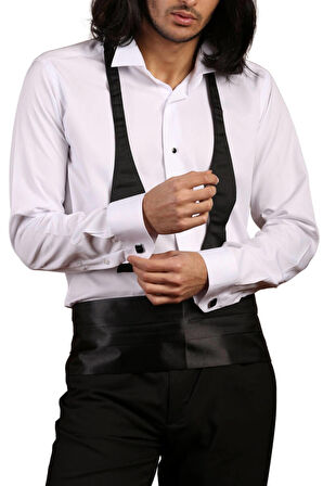 Beyaz Ekstra Uzun Kol 8 Drop Damatlık Ata Yaka Kol Düğmeli Slim Fit Smokin Gömlek - 013