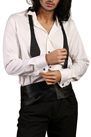 Krem Ekstra Uzun Kol 8 Drop Damatlık Ata Yaka Kol Düğmeli Slim Fit Smokin Gömlek - 014