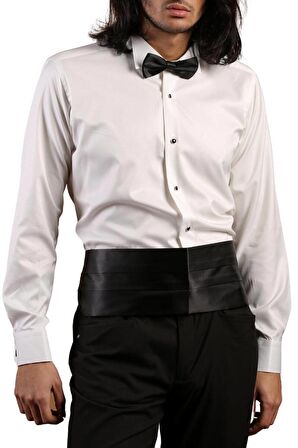 Krem Yakma Desenli Siyah Taş Düğmeli Damatlık Ata Yaka Kol Düğmeli Slim Fit Smokin Gömlek - 023