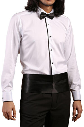 Beyaz Siyah Tek Bieli Damatlık Ata Yaka Kol Düğmeli Slim Fit Smokin Gömlek - 027