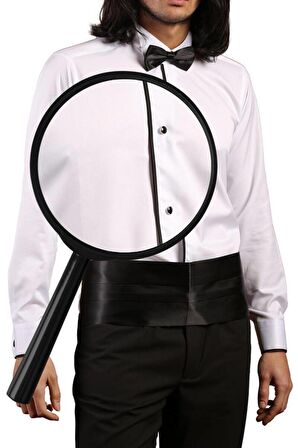 Beyaz Siyah Tek Bieli Damatlık Ata Yaka Kol Düğmeli Slim Fit Smokin Gömlek - 027
