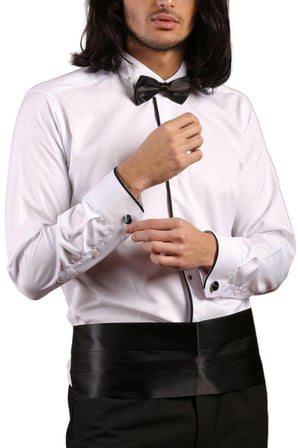 Beyaz Siyah Tek Bieli Damatlık Ata Yaka Kol Düğmeli Slim Fit Smokin Gömlek - 027