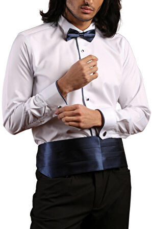 Beyaz Lacivert Tek Bieli Damatlık Ata Yaka Kol Düğmeli Slim Fit Smokin Gömlek - 028