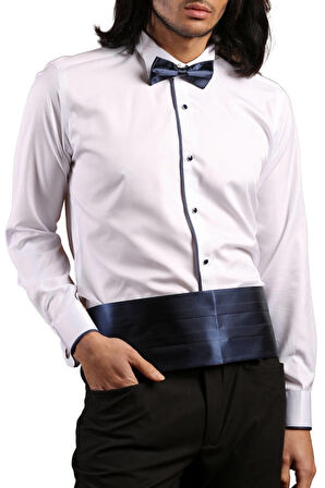 Beyaz Lacivert Tek Bieli Damatlık Ata Yaka Kol Düğmeli Slim Fit Smokin Gömlek - 028