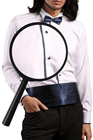 Beyaz Lacivert Tek Bieli Damatlık Ata Yaka Kol Düğmeli Slim Fit Smokin Gömlek - 028
