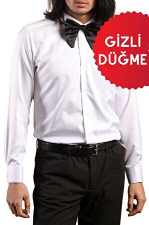 Beyaz Gizli Pat Damatlık Ata Yaka Kol Düğmeli Slim Fit Smokin Gömlek - 001
