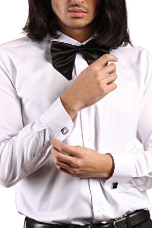 Beyaz Gizli Pat Damatlık Ata Yaka Kol Düğmeli Slim Fit Smokin Gömlek - 001