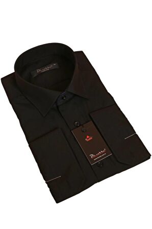 Siyah Dar Kesim Slim Fit Uzun Kol Düz Renk Erkek Gömlek  - 151-20