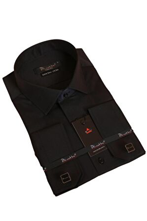 Siyah Ekstra Dar Kesim Likralı Esnek Micro Kumaş Kol Düğmeli Slim Fit Erkek Gömlek - 195-6