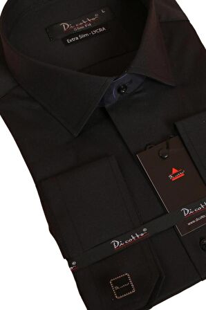Siyah Ekstra Dar Kesim Likralı Esnek Micro Kumaş Kol Düğmeli Slim Fit Erkek Gömlek - 195-6