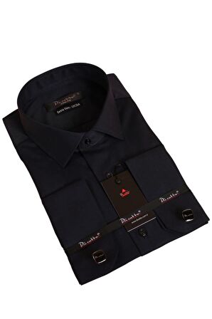 Lacivert Ekstra Dar Kesim Likralı Esnek Micro Kumaş Kol Düğmeli Slim Fit Erkek Gömlek - 195-12