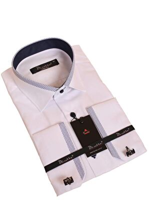 Beyaz Lacivert Bieli Yaka Dar Kesim Micro Kumaş Kol Düğmeli Slim Fit Erkek Gömlek - 200-3