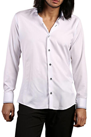 Beyaz Lacivert Bieli Yaka Dar Kesim Micro Kumaş Kol Düğmeli Slim Fit Erkek Gömlek - 200-3