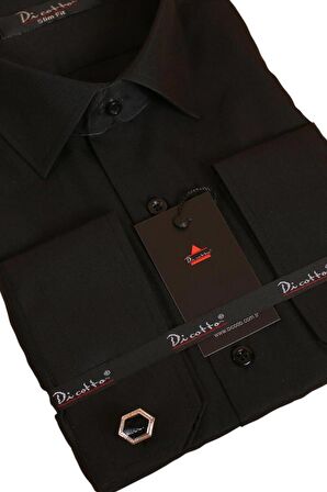 Siyah Dar Kesim Micro Kumaş Kol Düğmeli Slim Fit Erkek Gömlek - 201-6