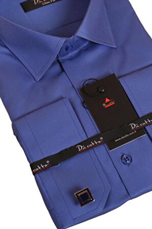 Saks Mavi Dar Kesim Micro Kumaş Kol Düğmeli Slim Fit Erkek Gömlek - 201-14
