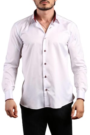 Beyaz Bordo Bieli Yaka Dar Kesim Micro Kumaş Kol Düğmeli Slim Fit Erkek Gömlek - 216-3