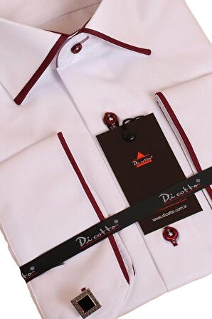 Beyaz Bordo Bieli Yaka Dar Kesim Micro Kumaş Kol Düğmeli Slim Fit Erkek Gömlek - 216-3