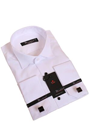 Beyaz Siyah Taş Düğmeli Damatlık Ata Yaka Kol Düğmeli Slim Fit Smokin Gömlek - 006