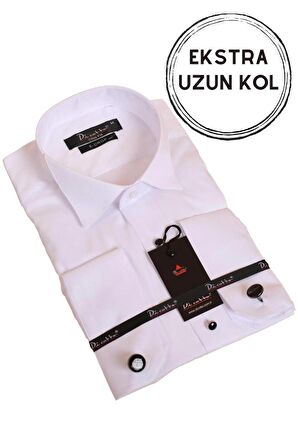 Beyaz Ekstra Uzun Kol 8 Drop Damatlık Ata Yaka Kol Düğmeli Slim Fit Smokin Gömlek - 013