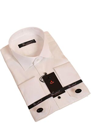 Krem Yakma Desenli Siyah Taş Düğmeli Damatlık Ata Yaka Kol Düğmeli Slim Fit Smokin Gömlek - 023