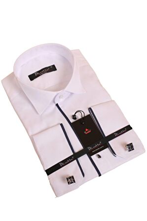 Beyaz Lacivert Tek Bieli Damatlık Ata Yaka Kol Düğmeli Slim Fit Smokin Gömlek - 028