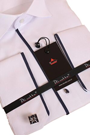 Beyaz Lacivert Tek Bieli Damatlık Ata Yaka Kol Düğmeli Slim Fit Smokin Gömlek - 028