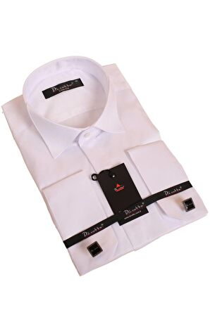 Beyaz Gizli Düğmeli Damatlık Ata Yaka Kol Düğmeli Slim Fit Smokin Gömlek - 001