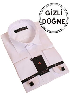 Beyaz Gizli Düğmeli Damatlık Ata Yaka Kol Düğmeli Slim Fit Smokin Gömlek - 001