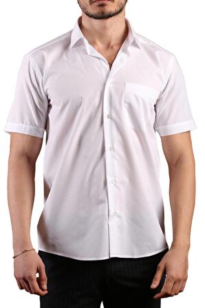 Beyaz Kısa Kol Rahat Kesim Cepli Regular Fit Erkek Gömlek  - 500-1