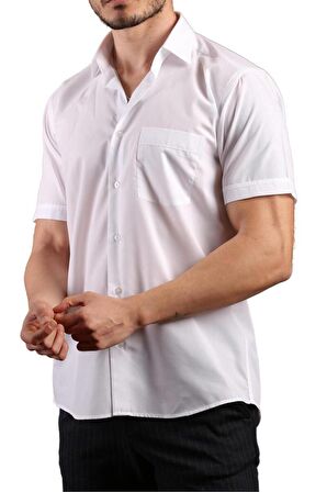 Beyaz Kısa Kol Rahat Kesim Cepli Regular Fit Erkek Gömlek  - 500-1