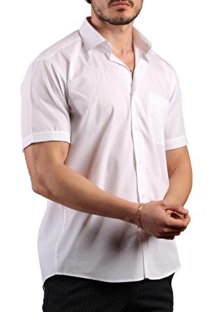 Beyaz Kısa Kol Rahat Kesim Cepli Regular Fit Erkek Gömlek  - 500-1
