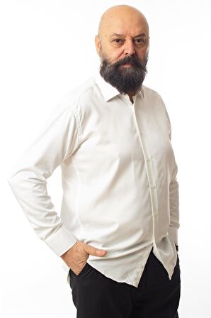 Krem Ekstra Büyük Yaka 4 Drop Rahat Kesim Micro Kumaş Kol Düğmeli Regular Fit Erkek Gömlek - 189-10-DC24W