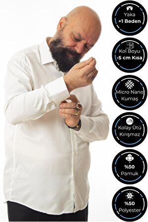 Krem Ekstra Büyük Yaka 4 Drop Rahat Kesim Micro Kumaş Kol Düğmeli Regular Fit Erkek Gömlek - 189-10-DC24W