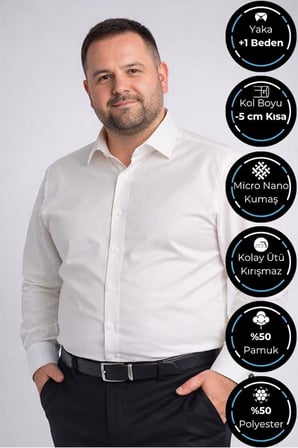 Krem Ekstra Büyük Yaka 4 Drop Rahat Kesim Micro Kumaş Kol Düğmeli Regular Fit Erkek Gömlek // 189-10