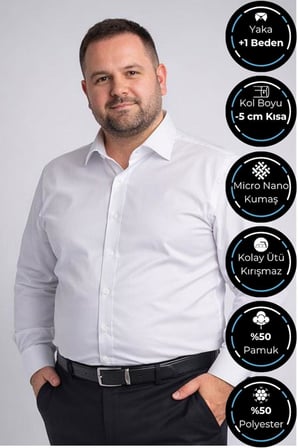 Beyaz Ekstra Büyük Yaka 4 Drop Rahat Kesim Micro Kumaş Kol Düğmeli Regular Fit Erkek Gömlek // 189-1