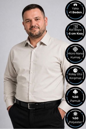 Açık Gri Ekstra Büyük Yaka 4 Drop Rahat Kesim Micro Kumaş Kol Düğmeli Regular Erkek Gömlek // 189-9