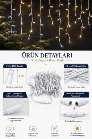 4 Metre 192 LED Profesyonel Perde Led Işık Dış Mekan Kalın Kablolu Beyaz Flaşlı Kafe Restoran Bahçe Teras Aydınlatma