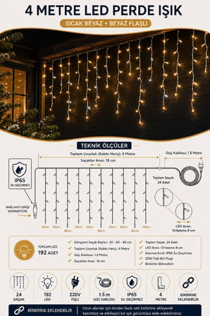 4 Metre 192 LED Profesyonel Perde Led Işık Dış Mekan Kalın Kablolu Beyaz Flaşlı Kafe Restoran Bahçe Teras Aydınlatma